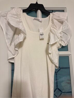 New York & Company White Ruffled Sleeve Ribbed Tank